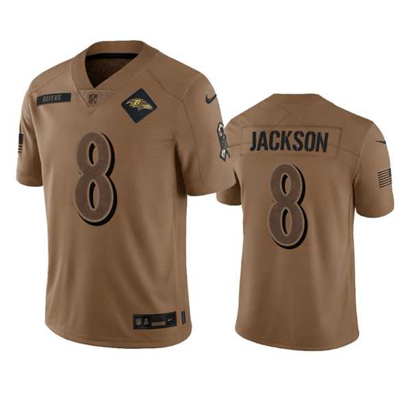 Men%27s Baltimore Ravens #8 Lamar Jackson 2023 Brown Salute To Service Limited Football Stitched Jersey Dyin